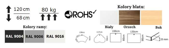 Specyfikacja techniczna biurka z regulacją wysokości na jednej nodze 501-19 o szerokości 95 cm
