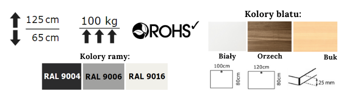 Specyfikacja techniczna biurka z regulacją wysokości 501-49 o szerokości między nogami 92 cm